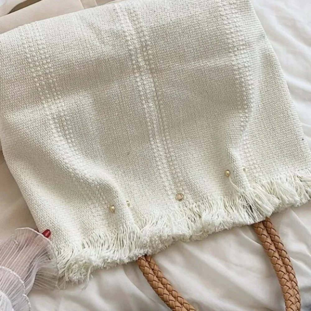 Letter Embroidered Fringe Trim canvas Crochet Bag - Picture 8 of 8